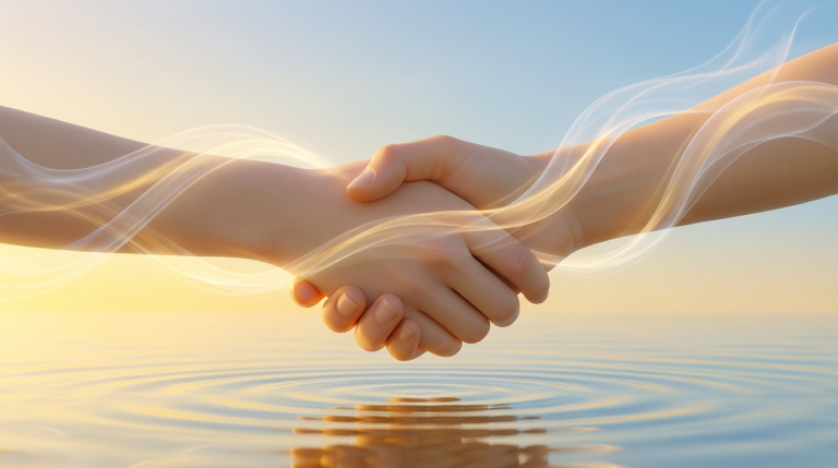 Zwei menschliche Hände reichen sich vertrauensvoll die Hand über ruhigem Wasser als Symbol für Partnerschaft, Vertrauen und menschliche Nähe im Gesundheitsbereich.
